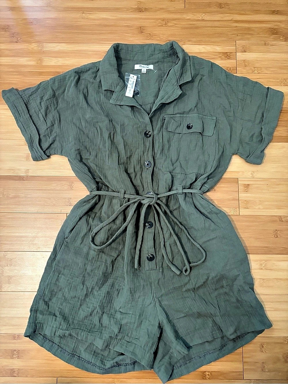 Madewell Lightspun Belted Safari Romper Green Small NWT